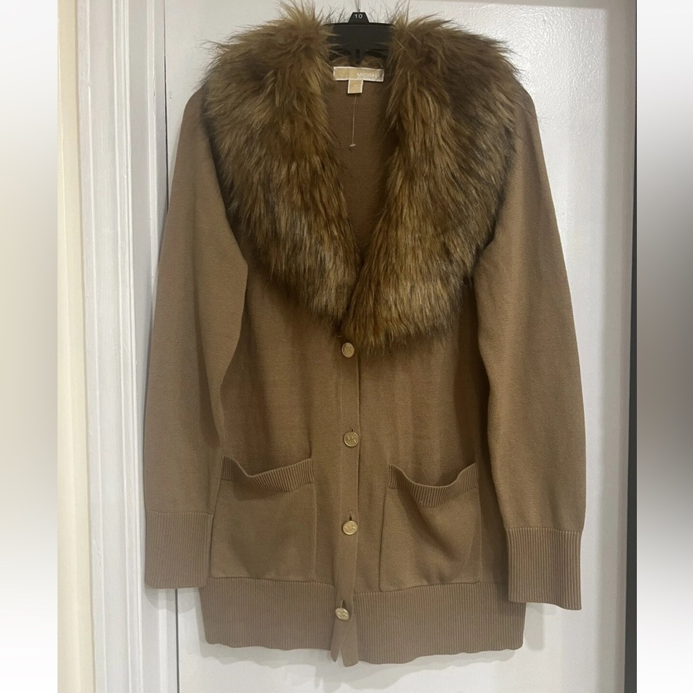MICHAEL Michael Kors Tan Cardigan with Faux Fur Collar Cotton Blend NWOT